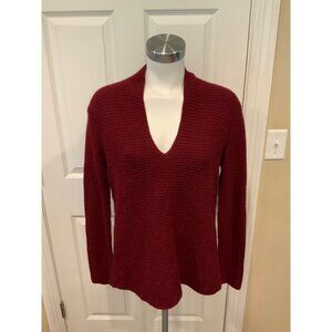 Magaschoni New York Dark Red 100% Cashmere Rib Knit V-Neck Sweater, Size S